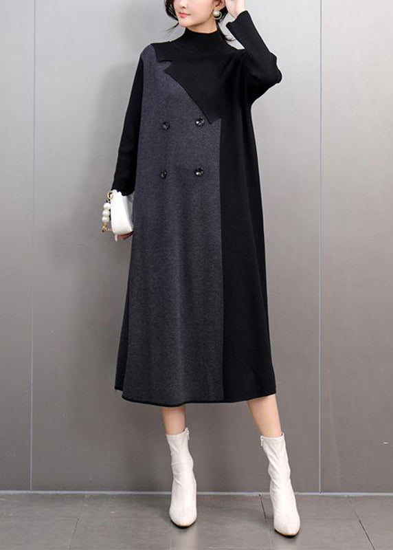 Khaki Turtleneck Patchwork Cotton Knit Sweaters Dress Winter