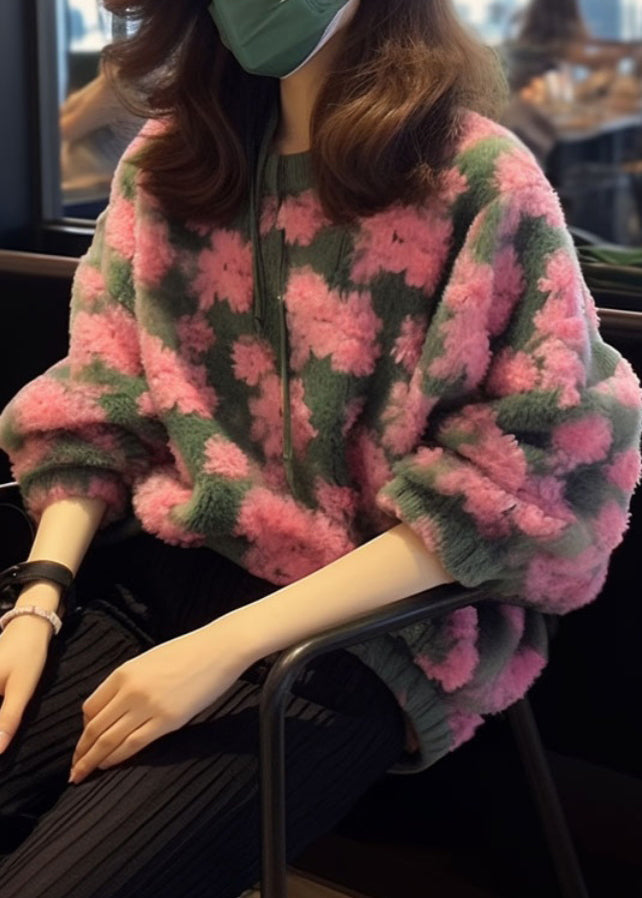 Pink O Neck Jacquard Faux Fur Knit Sweaters Fall