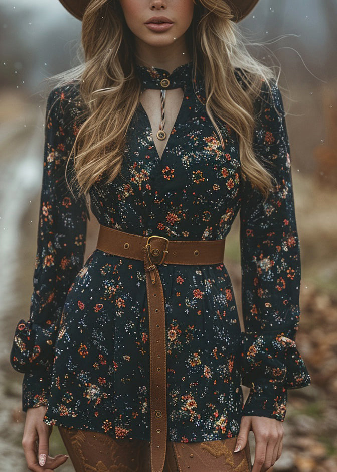 Pastoral Style V Neck Print Cotton Short Dress Spring