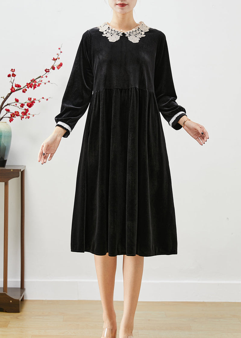 Art Black Peter Pan Collar Lace Patchwork Silk Velour Dress Fall