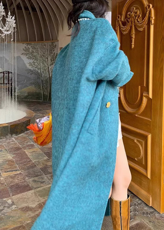 Blue Notched Button Woolen Maxi Coats Winter