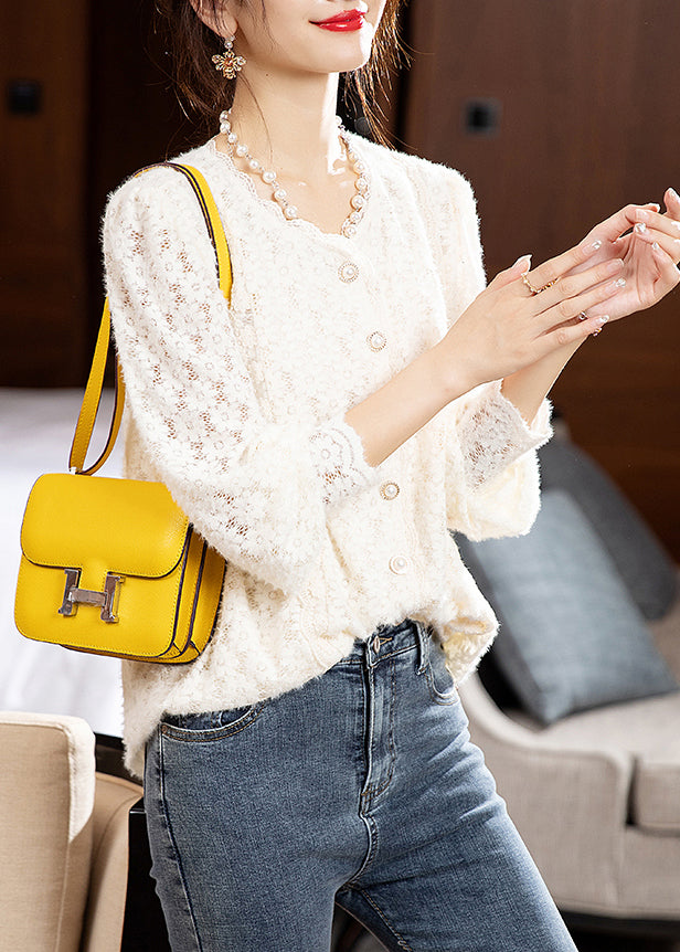 Apricot V Neck Button Patchwork Lace Top Fall