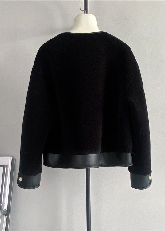 Black Button Patchwork Leather and Fur Coats V Neck Winter