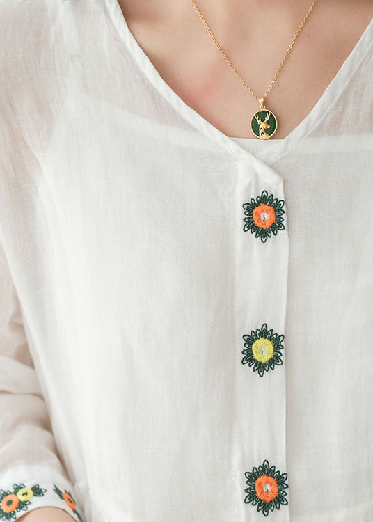 White V Neck Embroideried Linen Dress Two Piece Set Clothing Summer