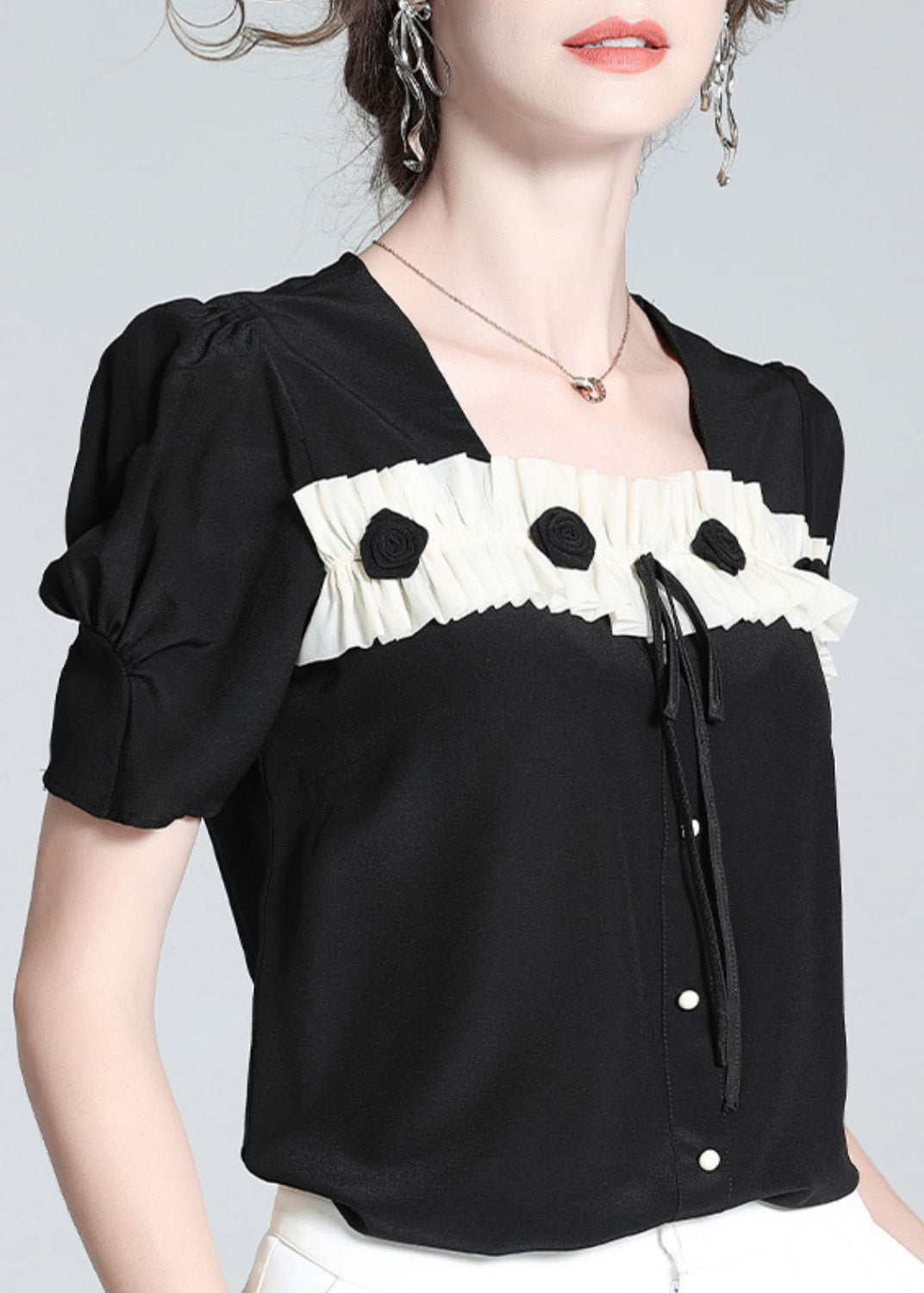 Black Square Collar Patchwork Silk Top Summer