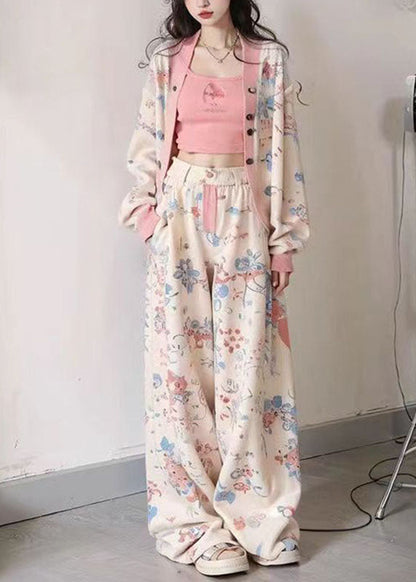 Apricot V Neck Print Coats Vest and Wide Leg Pants Three Pieces Set Long Sleeve