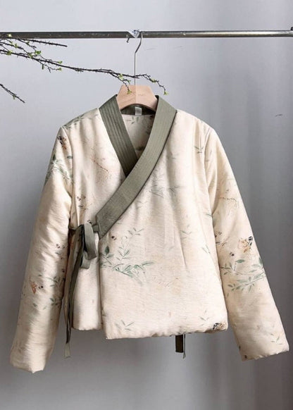 Beige V Neck Lace Up Fine Cotton Filled Coats Spring