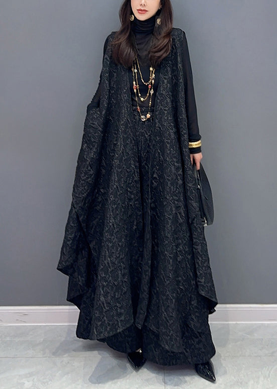Jacquard Black Asymmetrical Patchwork Waistcoat and Pants Cotton Two Pieces Set Sleeveless