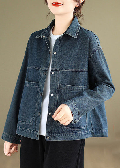 Blue Peter Pan Collar Pockets Warm Fleece Denim Coat Spring