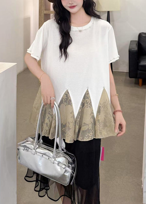 White Oversized Patchwork Tulle Tops Summer