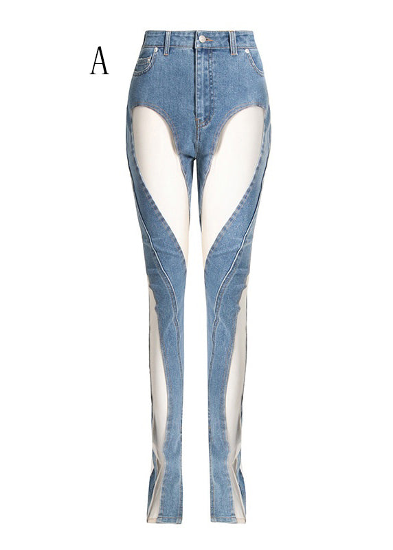 Hollow Out Tulle Patchwork Denim Trousers Fall