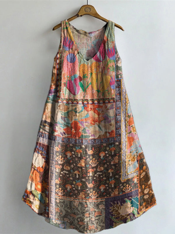 Women's Bohemian Vintage Floral Collage Art Print V-neck Pocket Cotton