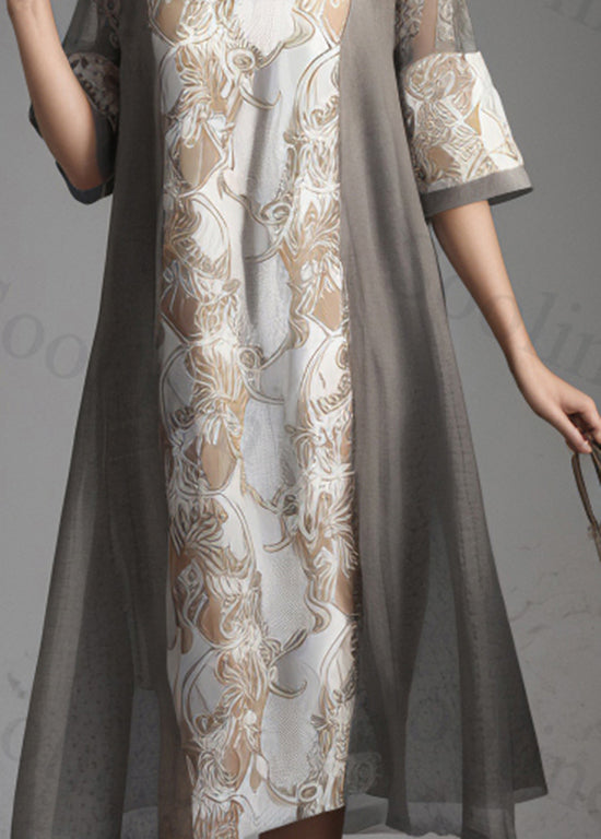 Classy Grey O Neck Print Patchwork Silk Dresses Summer