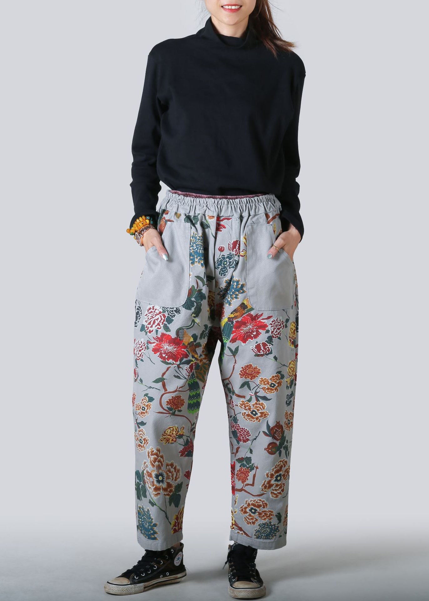 Light Blue Pockets Print Denim Straight Pants Spring