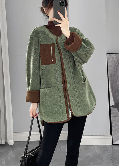 Organic Green Oversized Patchwork Faux Fur Teddy Coat Winter