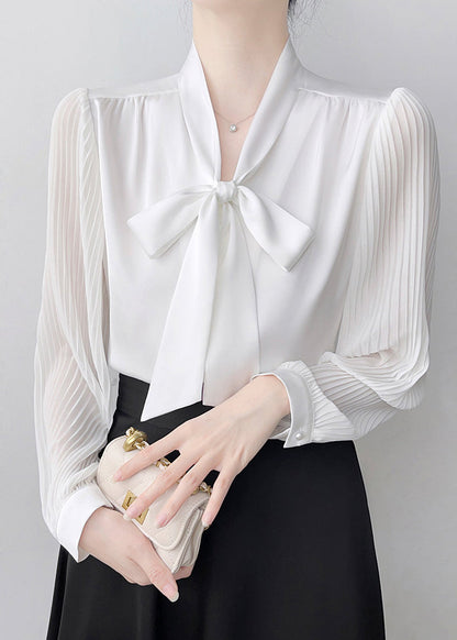 White Bow Draping Chiffon Pleated Shirts Spring