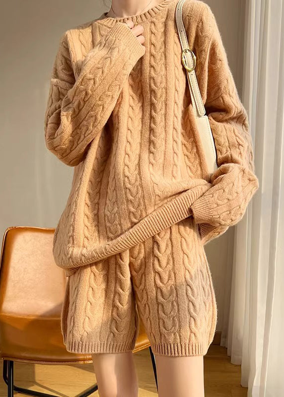New Camel O Neck Cozy Wool Knit Two Pieces Set Winter