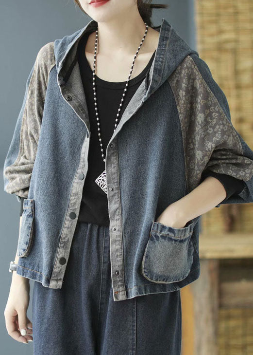 Fitted Blue Hooded Patchwork Denim Coat