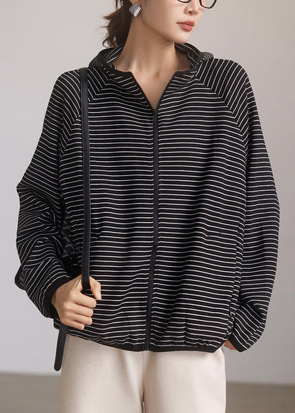 Striped Hooded Zippered Pockets Cotton Coat Spring