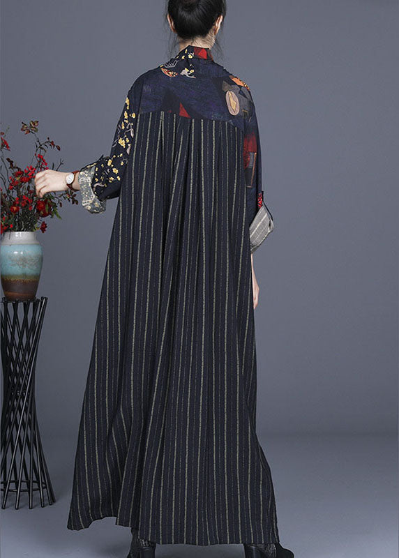 Unique Navy Print Patchwork Tie Waist Fall Long Sleeve Vacation Dresses