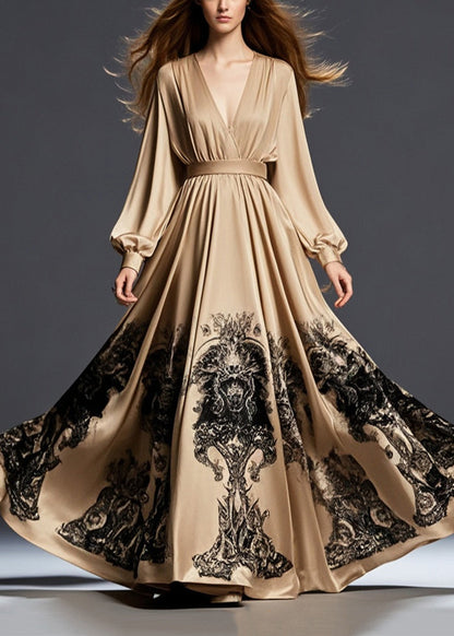 Brown Cinched Print Exra Large Hem Silk Long Dress Fall