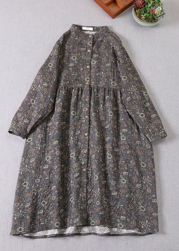Grey Green Print Cotton Holiday Dress Spring