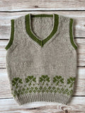 Men's Vintage Irish Shamrock Cozy Knit V Neck Vest artswardrobe