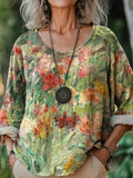 Vintage Oil Painting Floral Pattern Women's Linen Shirt artswardrobe
