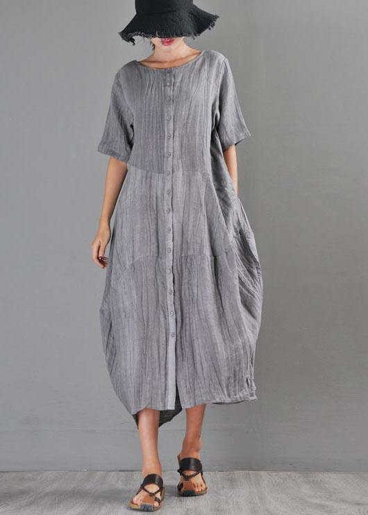 Natural Grey Asymmetrical Design Cotton Linen Long Dress Summer