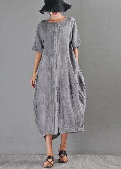 Natural Grey Asymmetrical Design Cotton Linen Long Dress Summer