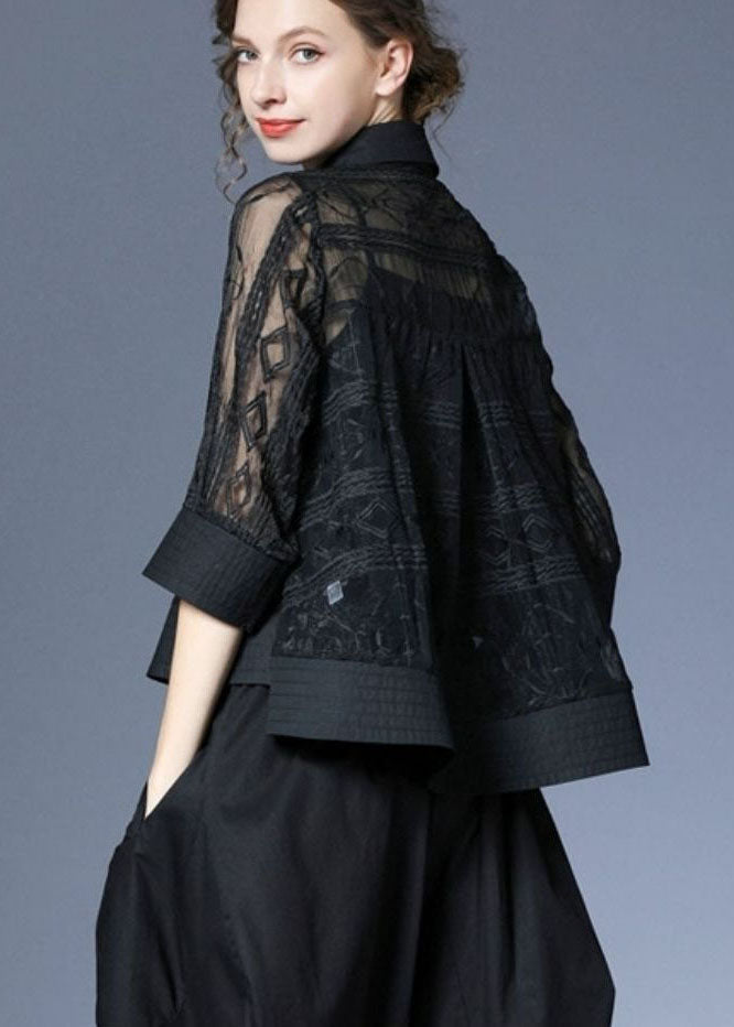 Black Peter Pan Collar Embroideried Tulle Two Pieces Set Summer