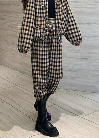 Stylish White Plaid Warm Fleece Tops Harem Pants Two Pieces Set Spring