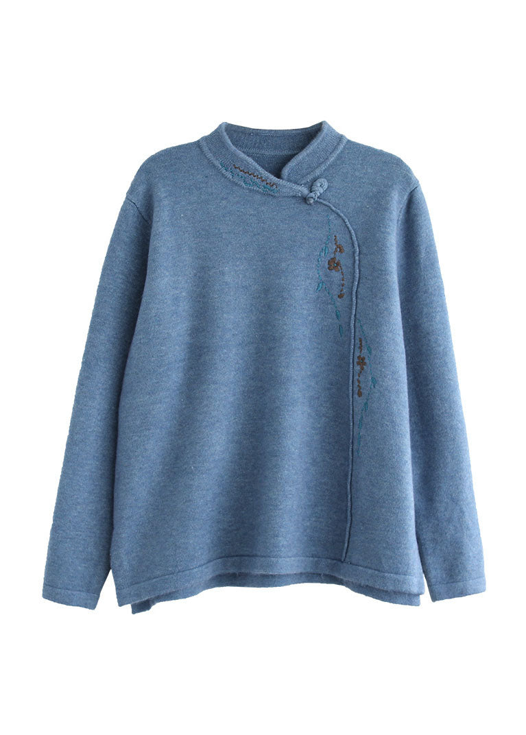 Blue Stand Collar Embroideried Thick Knitted Sweater Long Sleeve
