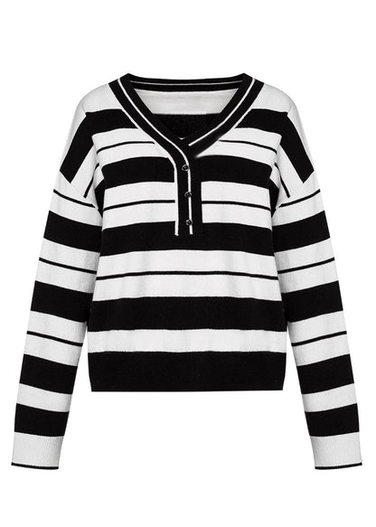 Black White Striped V Neck Cotton Knit Sweater Fall