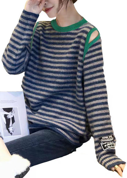 Striped O Neck Hollow Out Patchwork Knit Sweaters Top Fall