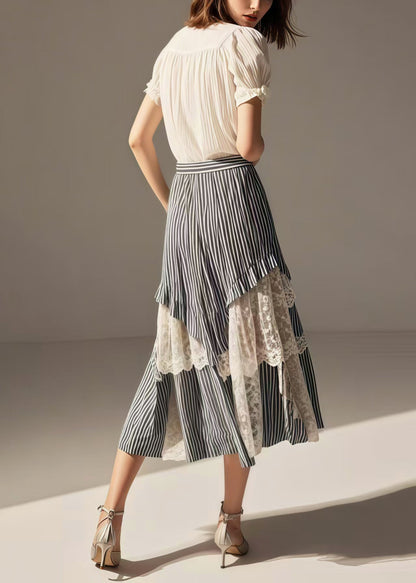 Blue Striped Asymmetrical Patchwork Lace Skirts Summer