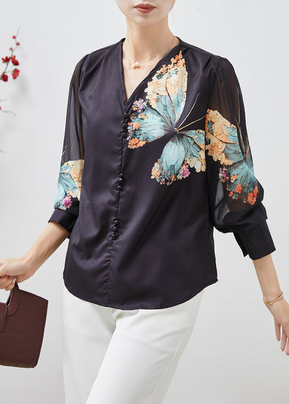 Black V Neck Butterfly Silk Blouses Spring