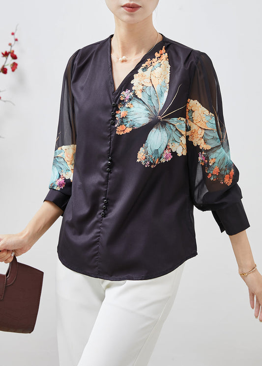 Black V Neck Butterfly Silk Blouses Spring