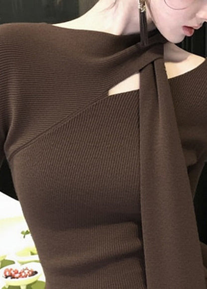Original Coffee Bow Hollow Out Knit Sweater Fall
