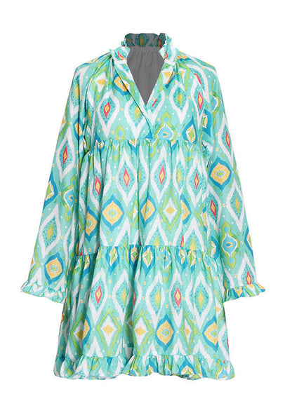 Green V Neck Ruffled Patchwork Print Top Long Sleeve