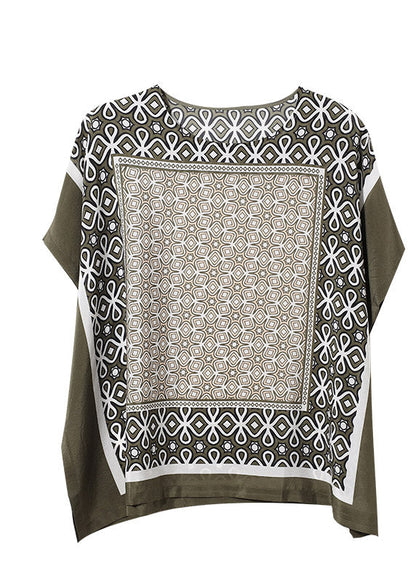 O-neck Print Side Open Silk Top Batwing Sleeve