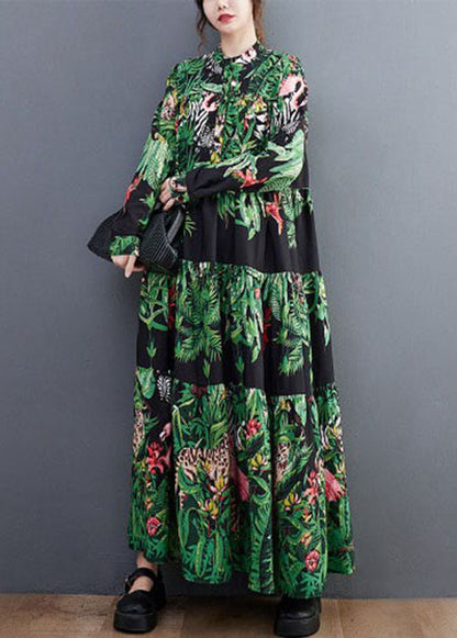 Green Oversized Patchwork Exra Large Hem Cotton Holiday Dress Spring