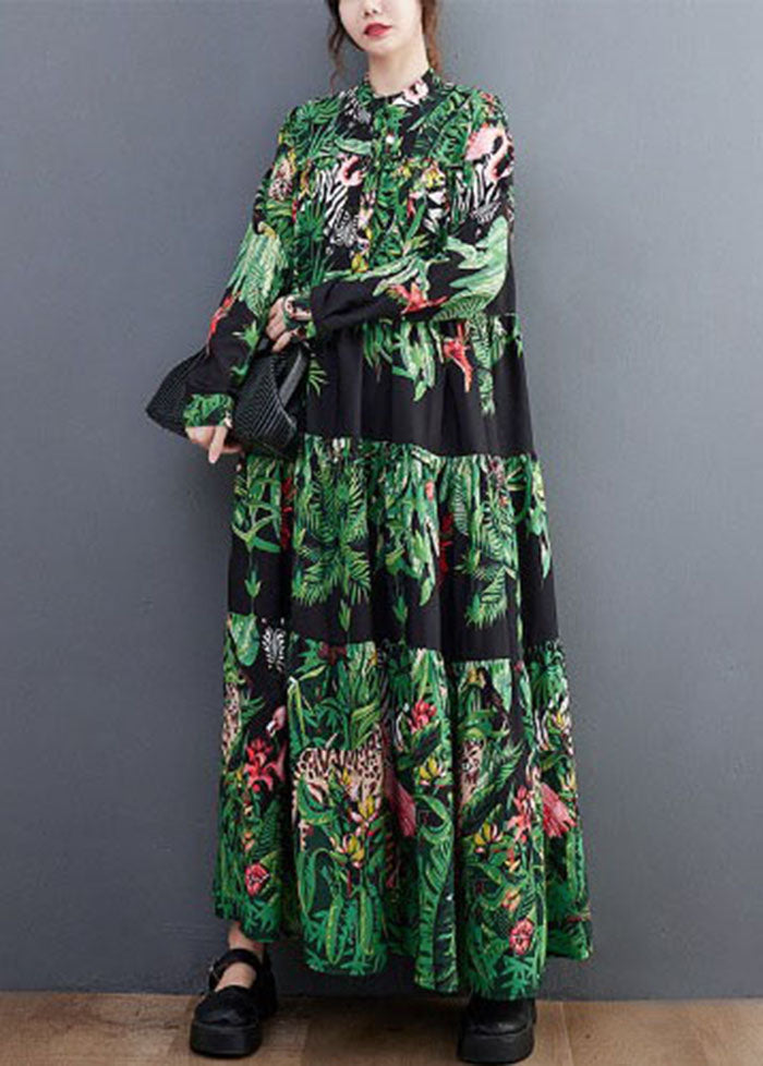 Green Oversized Patchwork Exra Large Hem Cotton Holiday Dress Spring