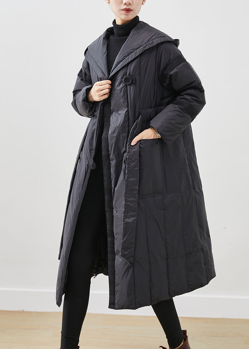 Black Oversized Tie Waist Duck Down Down Coats Winter