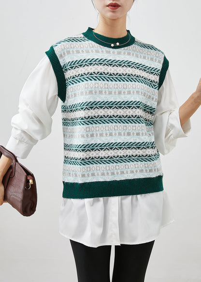 Print Patchwork Knit Fake Two Piece Blouses Spring