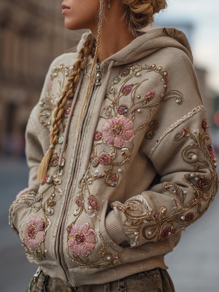 Comstylish Bohemian Style Pink Flower Embroidery Hooded Long Sleeve Jacket With Zipper
