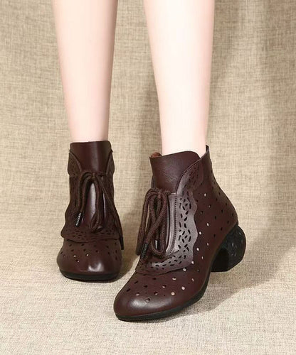 Comfortable Splicing Chunky Boots Red Cowhide Leather Hollow Out Lace Up