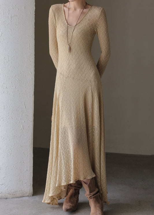 Handmade Khaki U Neck Maxi Dress Spring