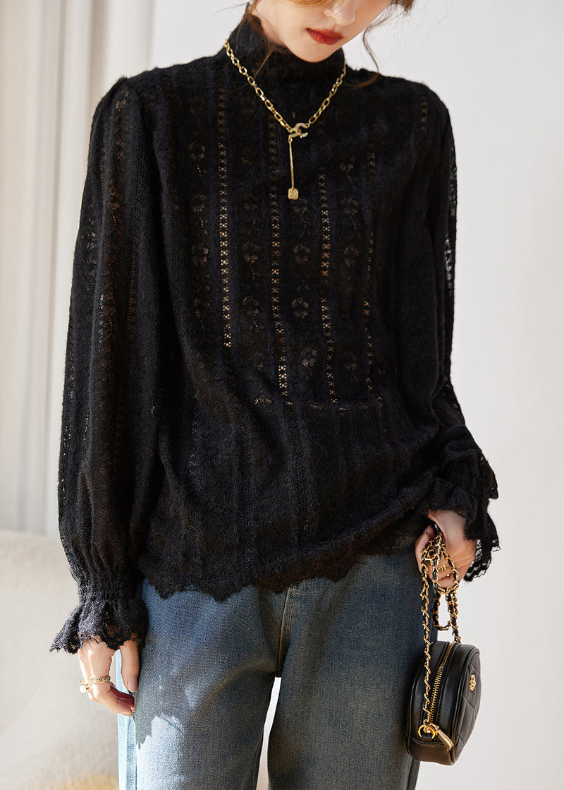 Beige Hollow Out Lace Shirt Tops Fall