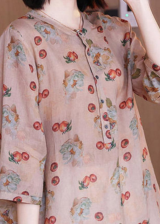 Art Brick Red O-neck Print Button Low High Design Side Open Linen Shirt Long Sleeve